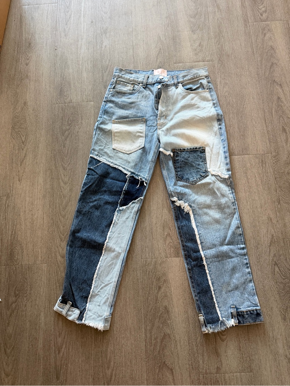 REVICE Two-Tone Patchwork Relaxed Jeans in Light and Dark Blue